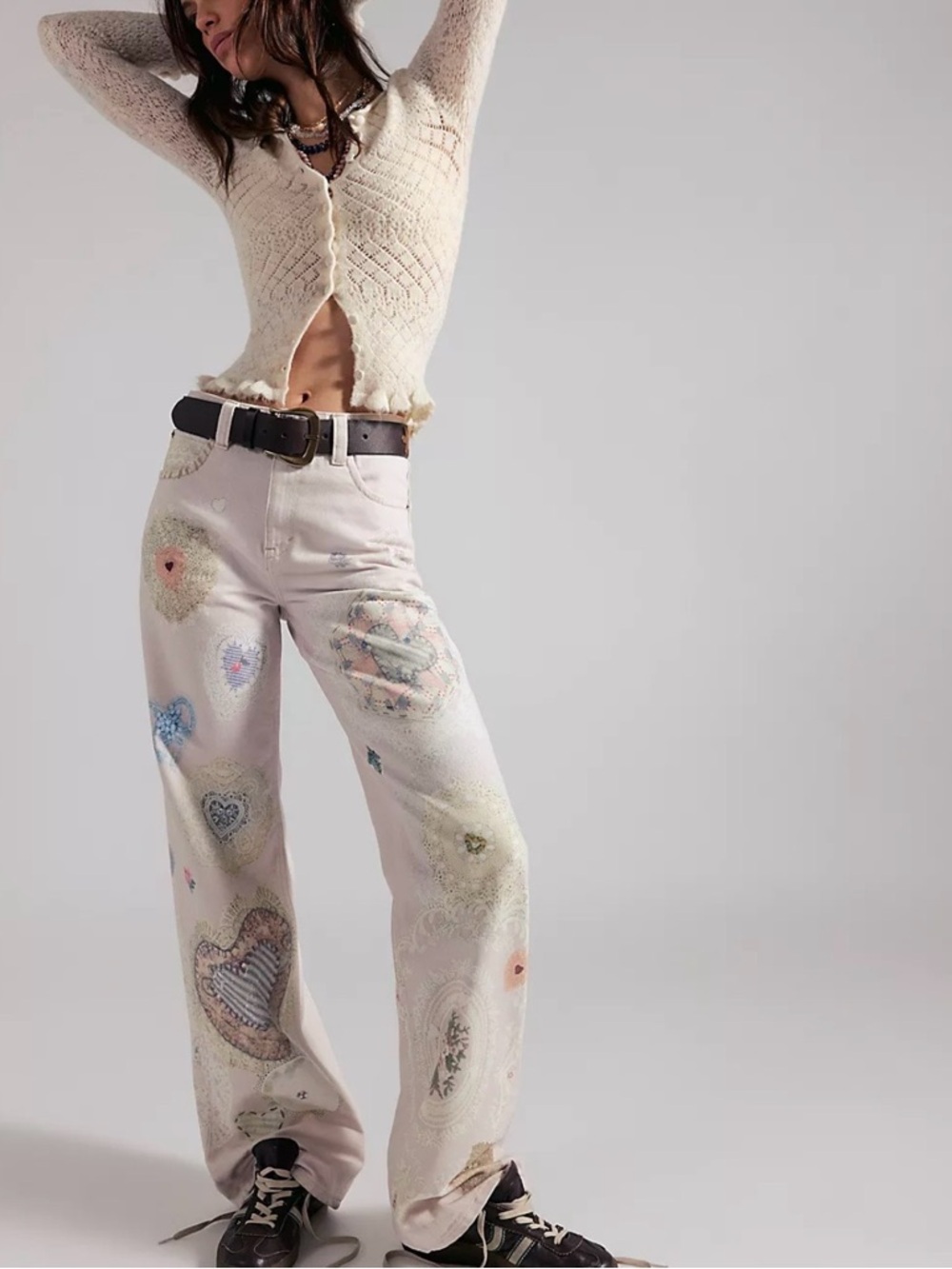 We The Free Cream Wide Leg Jeans with Pastel Heart Embroidery